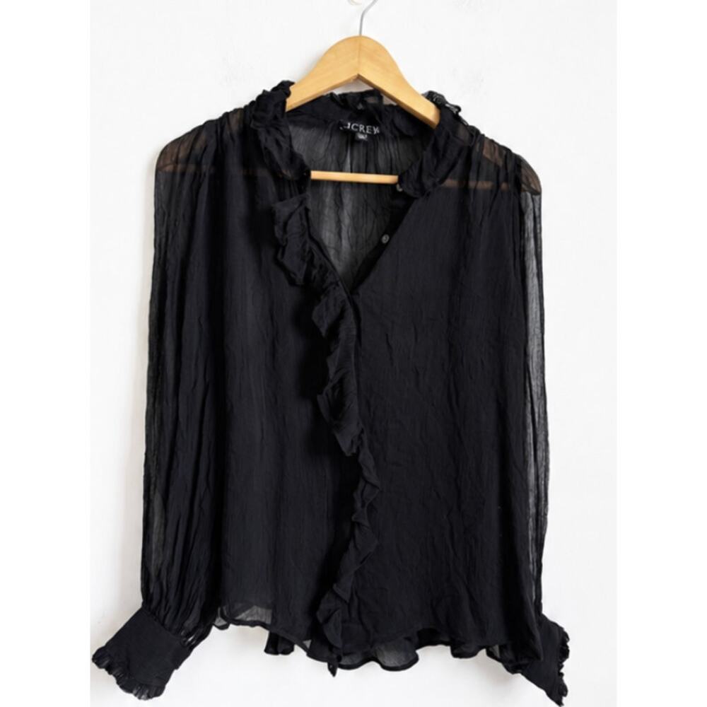 J.Crew Ruffle Button Up Shirt Crinkle Chiffon Sheer Boho Cupro Black  0 - Picture 2 of 3